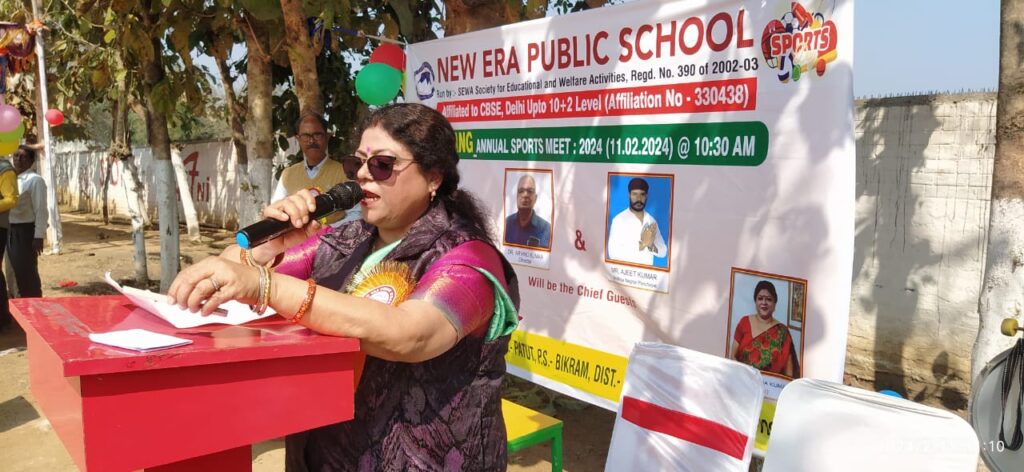 Principal addressing students during Umang Annual Sports Meet at NEPS Patna