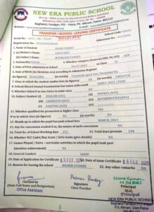 TC issued by New Era Public School (NEPS), Patna